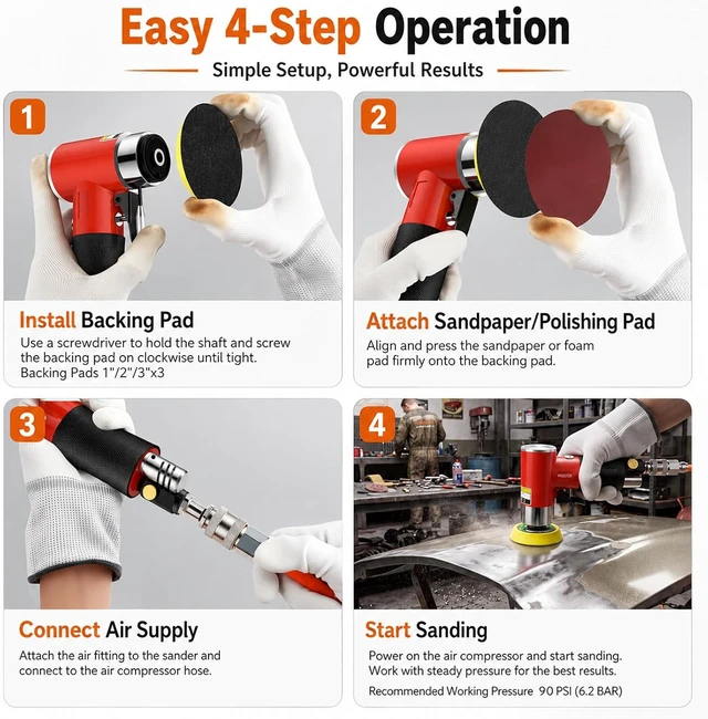 Alt view image 3 of 7 - 1/2/3-Inch Mini Pneumatic Random Orbital Air Sander Kit