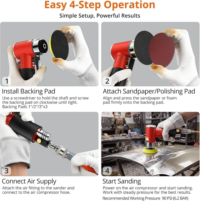 Alt view image 7 of 7 - 1/2/3-Inch Mini Pneumatic Random Orbital Air Sander Kit