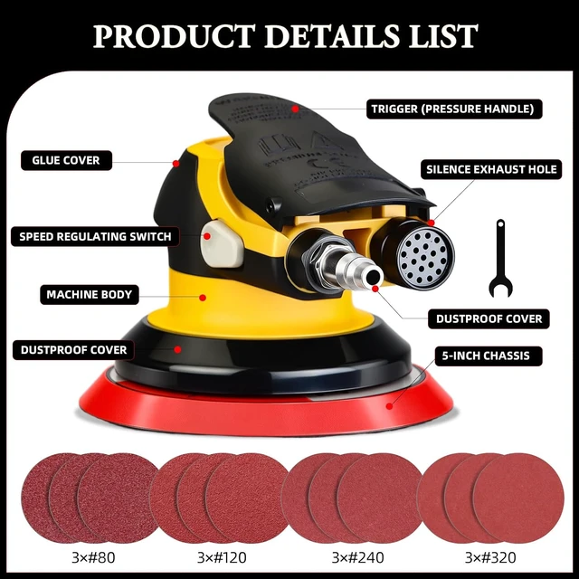 Alt view image 2 of 7 - 5/6-Inch Pneumatic Random Orbital Air Sander for Auto Body