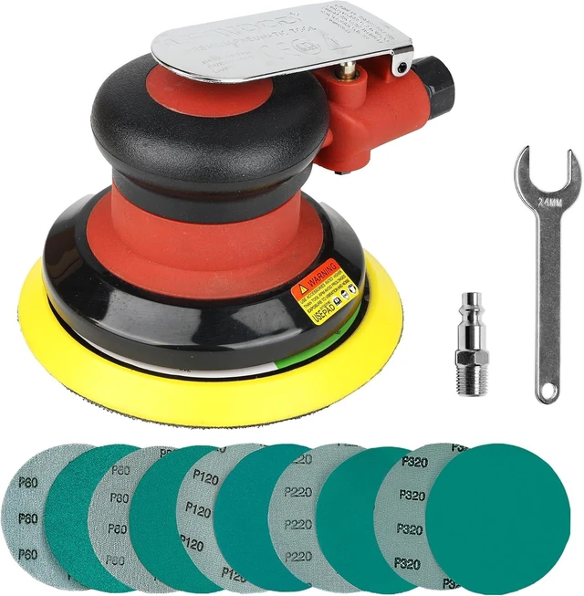 Main image of 5-Inch Air Random Orbital Sander, 12,000 RPM Heavy Duty, 3/16" Orbit, with 10 Sandpapers & Backing Pad