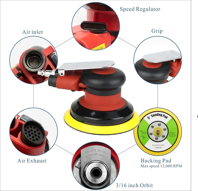 Alt view image 3 of 6 - 5-Inch Air Random Orbital Sander, 12,000 RPM Heavy Duty, 3/16" Orbit, with 10 Sandpapers & Backing Pad