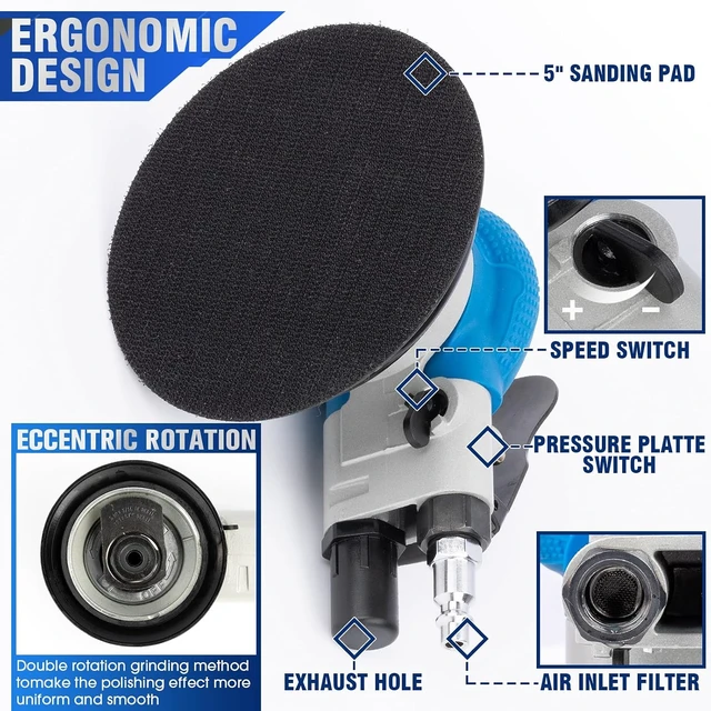 Alt view image 3 of 7 - 5" Air Sander Kit, Dual Action Tool for Car Detailing & Woodworking