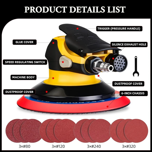 Alt view image 2 of 7 - 6-Inch Low-Noise DA Air Sander for Auto Body, Lightweight & Powerful