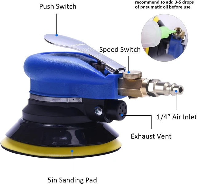 Alt view image 3 of 7 - 5" Air Random Orbital Dual Action Palm Sander, Hook & Loop, Swirl-Free
