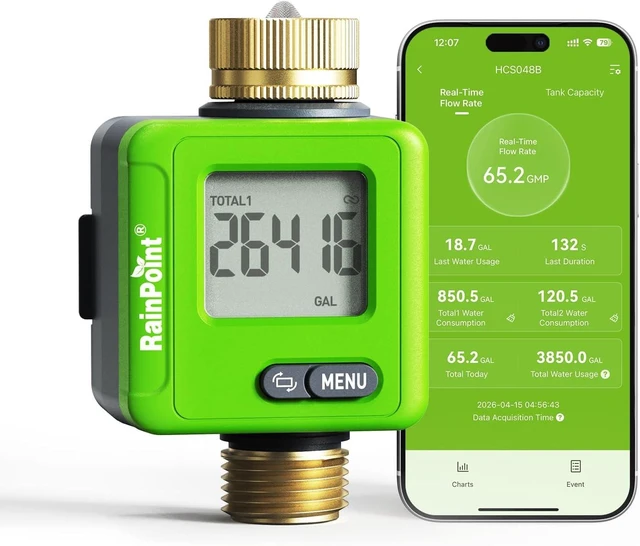 Main image of Bluetooth Smart Water Flow Meter with Brass Fittings & 180° Flip LCD, APP Monitoring for Garden, RV & Sprinklers, Green
