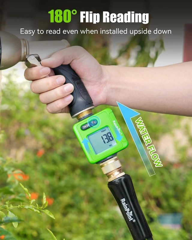 Alt view image 5 of 7 - Bluetooth Smart Water Flow Meter with Brass Fittings & 180° Flip LCD, APP Monitoring for Garden, RV & Sprinklers, Green