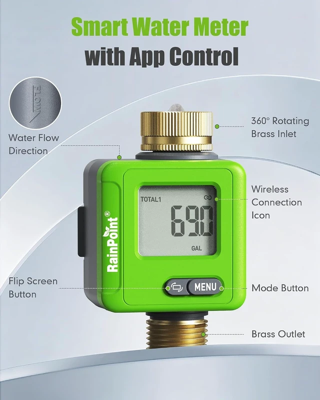 Alt view image 2 of 7 - Bluetooth Smart Water Flow Meter with Brass Fittings & 180° Flip LCD, APP Monitoring for Garden, RV & Sprinklers, Green