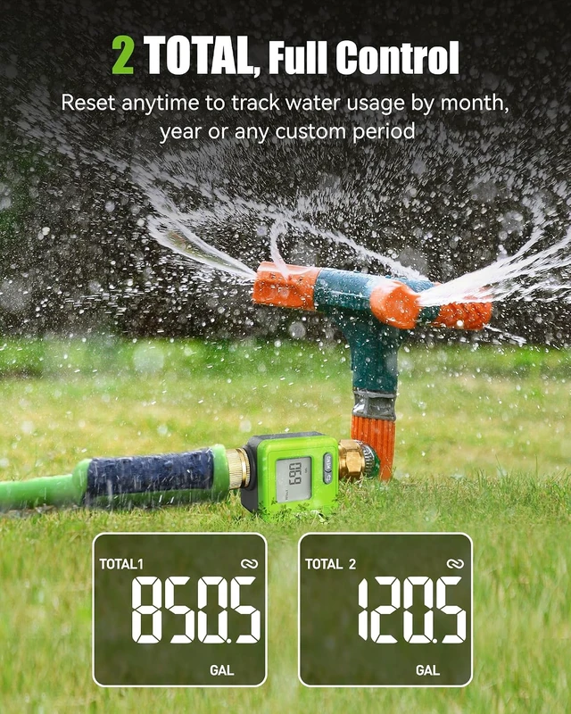 Alt view image 7 of 7 - Bluetooth Smart Water Flow Meter with Brass Fittings & 180° Flip LCD, APP Monitoring for Garden, RV & Sprinklers, Green