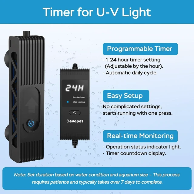 Alt view image 4 of 7 - 6W Aquarium UV Light with 1-24H Timer & Protective Shield, Algae Control for 10-40 Gallon Freshwater & Saltwater Tanks