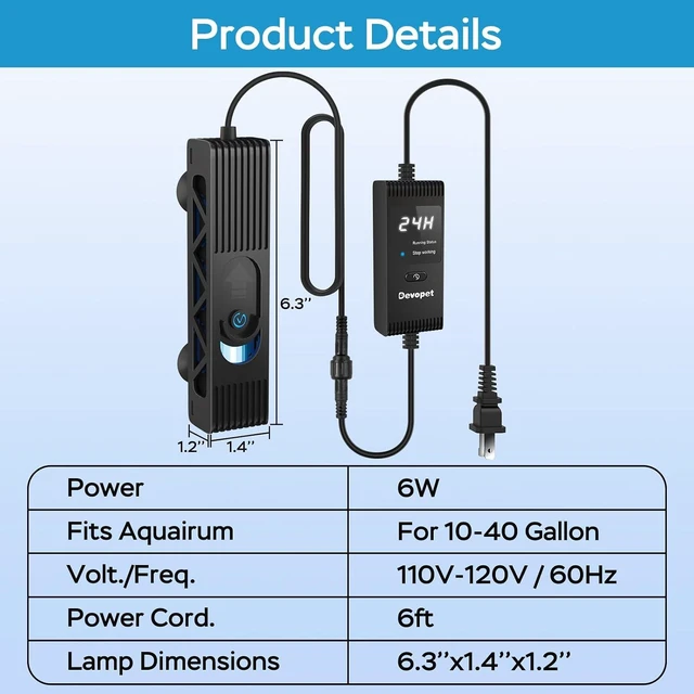 Alt view image 7 of 7 - 6W Aquarium UV Light with 1-24H Timer & Protective Shield, Algae Control for 10-40 Gallon Freshwater & Saltwater Tanks
