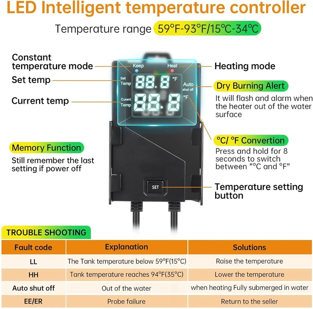 Alt view image 2 of 7 - 1000W Aquarium Heater with Intelligent Controller for 130-260 Gallon, Auto Shut-Off Out of Water, Freshwater & Saltwater
