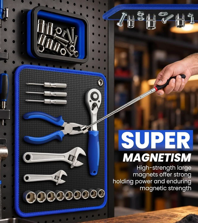 Alt view image 2 of 7 - 4-Piece Magnetic Tool Mat Set with Collapsible Tray & 15lb Telescoping Pickup Tool