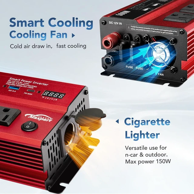 Alt view image 4 of 6 - 500W Car Power Inverter, 12V DC to 110V AC, with USB & Type-C 3.0A Fast Charging, Cigarette Lighter Adapter