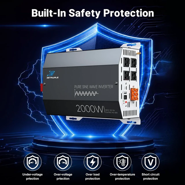 Alt view image 6 of 7 - 2000W Pure Sine Wave Inverter, 12V DC to 120V AC, with LCD & Remote
