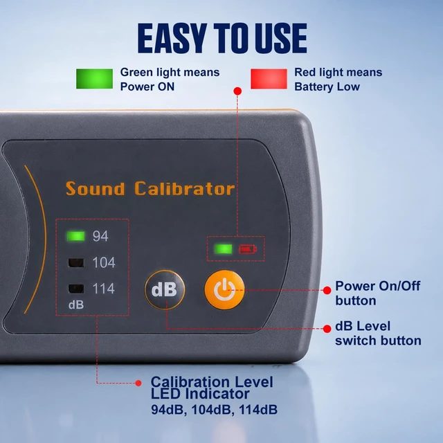Alt view image 7 of 7 - Decibel Meter Calibrator with 94/104/114dB Levels, 1/2 Inch Mic Slot, 1000Hz for Lab Testing