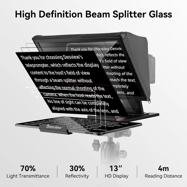 Alt view image 2 of 7 - P13 13-Inch Aluminum Teleprompter with HD Glass, Compatible with iPad, Tablet & DSLR, No-Assembly