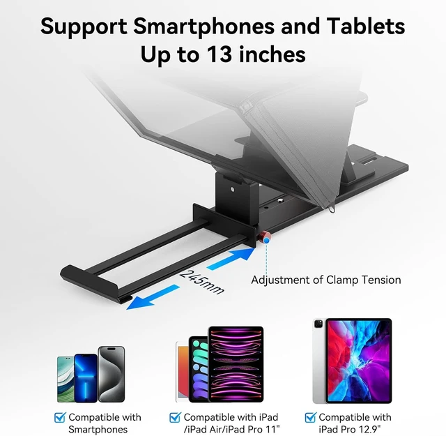 Alt view image 5 of 7 - P13 13-Inch Aluminum Teleprompter with HD Glass, Compatible with iPad, Tablet & DSLR, No-Assembly