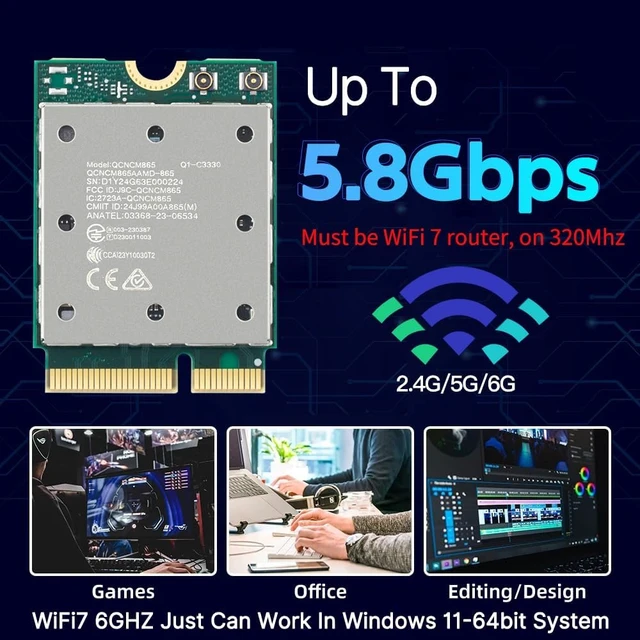Alt view image 6 of 7 - WiFi 7 QCNCM865 Network Card, 5800Mbps MLO Tri-Band with Bluetooth 5.3