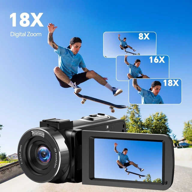 Alt view image 3 of 6 - 4K 42MP Camcorder Video Camera with 3" 270° Rotating Screen & 18X Zoom for Vlogging, 32GB SD Card