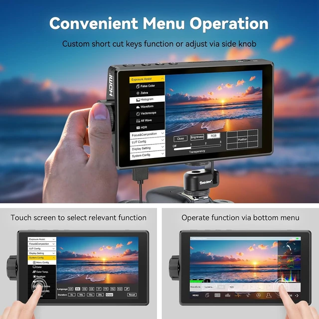 Alt view image 3 of 7 - A5 5.5" Touch Screen Camera Field Monitor, 4K 60Hz HDMI with 3D LUT, Waveform & Peaking, Kit with Battery & Sunshade
