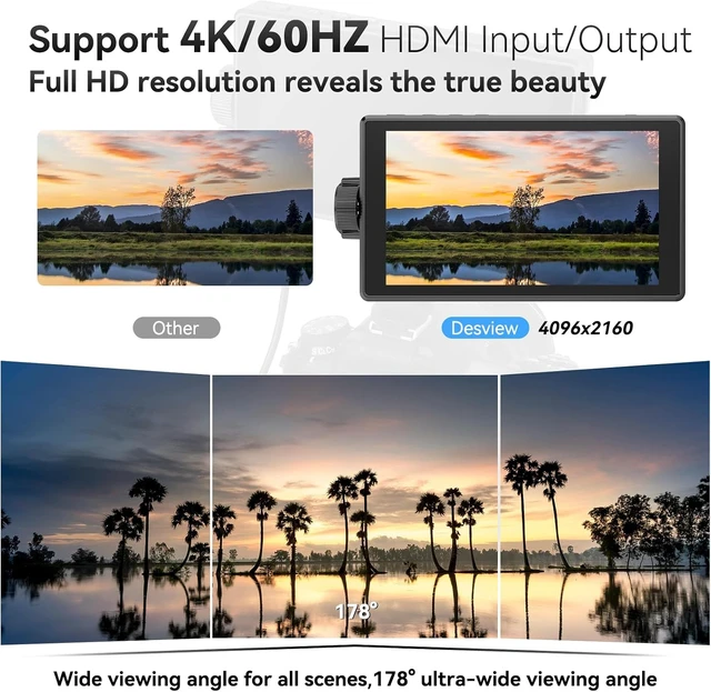 Alt view image 5 of 7 - A5 5.5" Touch Screen Camera Field Monitor, 4K 60Hz HDMI with 3D LUT, Waveform & Peaking, Kit with Battery & Sunshade