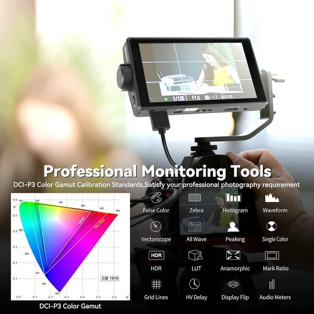 Alt view image 6 of 7 - A5 5.5" Touch Screen Camera Field Monitor, 4K 60Hz HDMI with 3D LUT, Waveform & Peaking, Kit with Battery & Sunshade