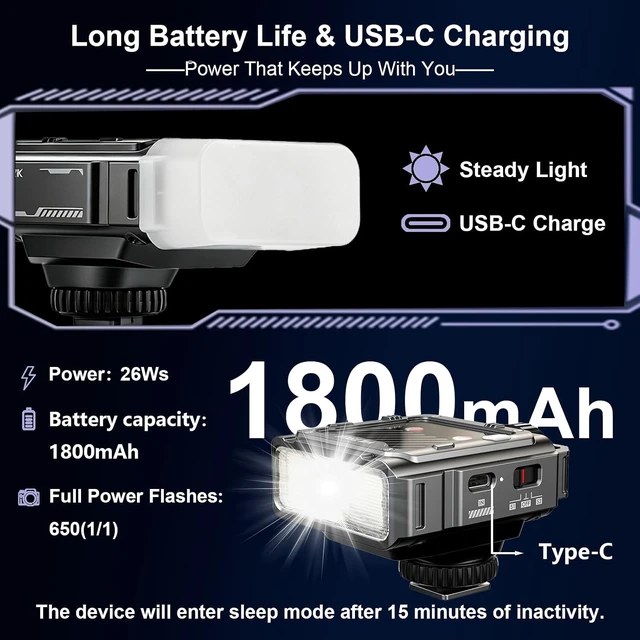 Alt view image 4 of 7 - Z3-S 26Ws TTL Mini Flash Speedlite, GN16 1800mAh, 1s Rapid Recycle with Diffuser