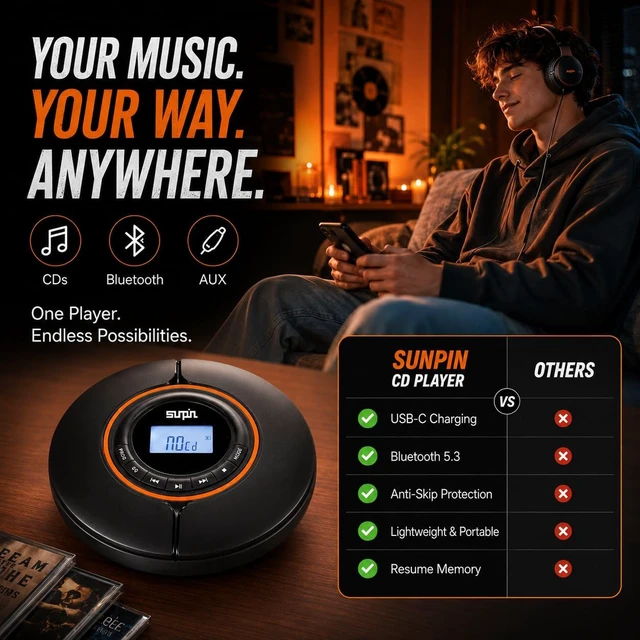 Alt view image 2 of 7 - Portable CD Player with Bluetooth Output, USB-C Rechargeable
