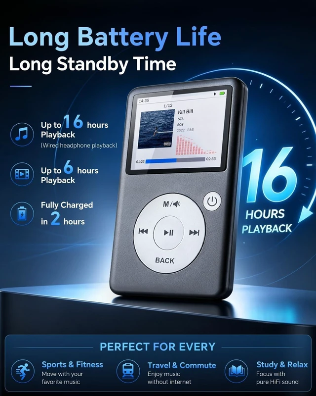 Alt view image 5 of 7 - MP3 Player with Bluetooth 5.3, HiFi Lossless Sound, Click Wheel, FM Radio & Voice Recorder, 8GB Expandable to 128GB, Black