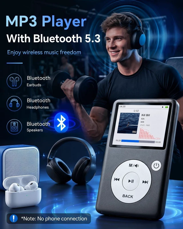 Alt view image 6 of 7 - MP3 Player with Bluetooth 5.3, HiFi Lossless Sound, Click Wheel, FM Radio & Voice Recorder, 8GB Expandable to 128GB, Black