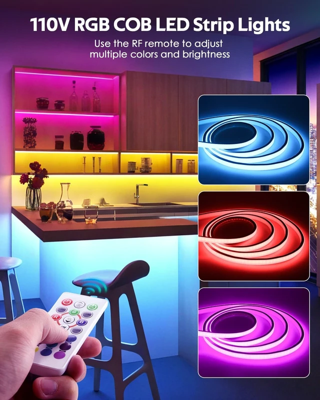 Alt view image 3 of 7 - 16.4ft 110V RGB COB LED Strip Light with Remote, Dimmable 576 LEDs/m