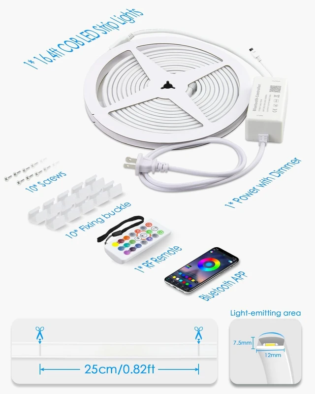 Alt view image 7 of 7 - 16.4ft 110V RGB COB LED Strip Light with Remote, Dimmable 576 LEDs/m