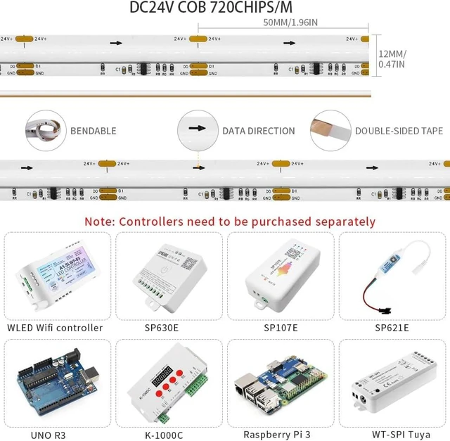 Alt view image 6 of 6 - 16.4ft DC24V WS2811 RGB COB LED Strip, 720 LEDs/m, 12mm High Density Chasing Color Light