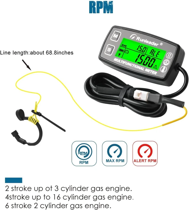 Alt view image 3 of 7 - Digital Tach Hour Meter & Engine Temperature Gauge, RL-HM035A-M5