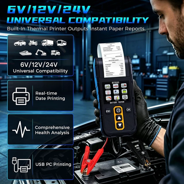 Alt view image 4 of 7 - Car Battery Tester with Printer for 6V/12V/24V Automotive Batteries
