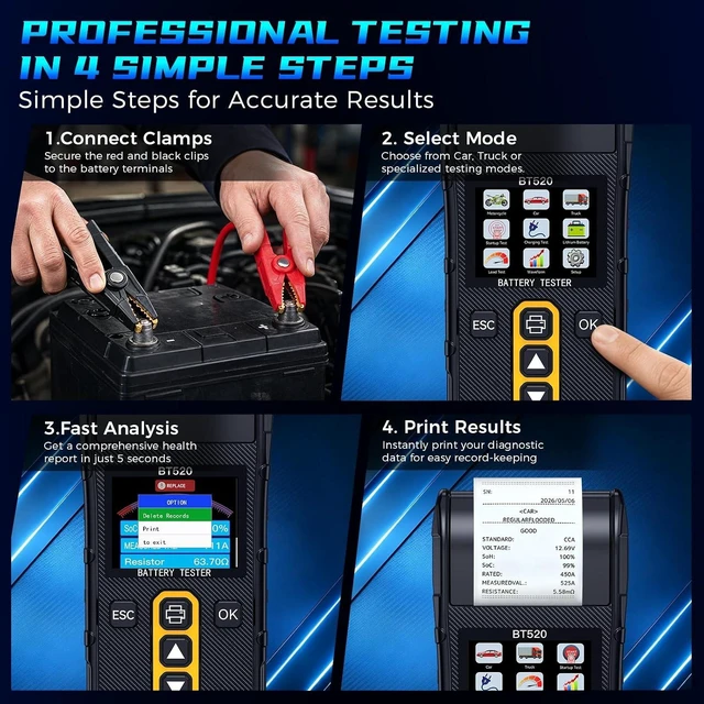 Alt view image 7 of 7 - Car Battery Tester with Printer for 6V/12V/24V Automotive Batteries