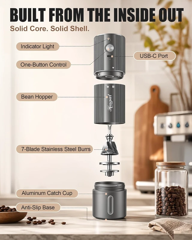 Alt view image 4 of 7 - Upgraded Electric Coffee Grinder with Stainless Steel Burrs, Gray