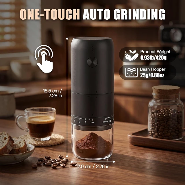 Alt view image 2 of 7 - Portable Electric Burr Coffee Grinder with Conical Ceramic Burr, USB-C Rechargeable, 90-Level for Travel & Home