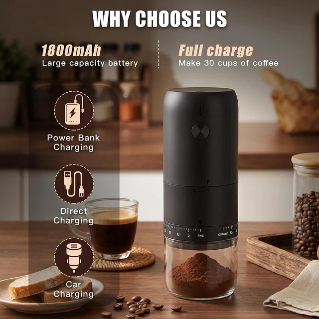 Alt view image 6 of 7 - Portable Electric Burr Coffee Grinder with Conical Ceramic Burr, USB-C Rechargeable, 90-Level for Travel & Home
