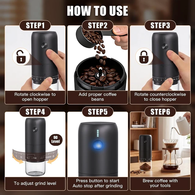 Alt view image 7 of 7 - Portable Electric Burr Coffee Grinder with Conical Ceramic Burr, USB-C Rechargeable, 90-Level for Travel & Home