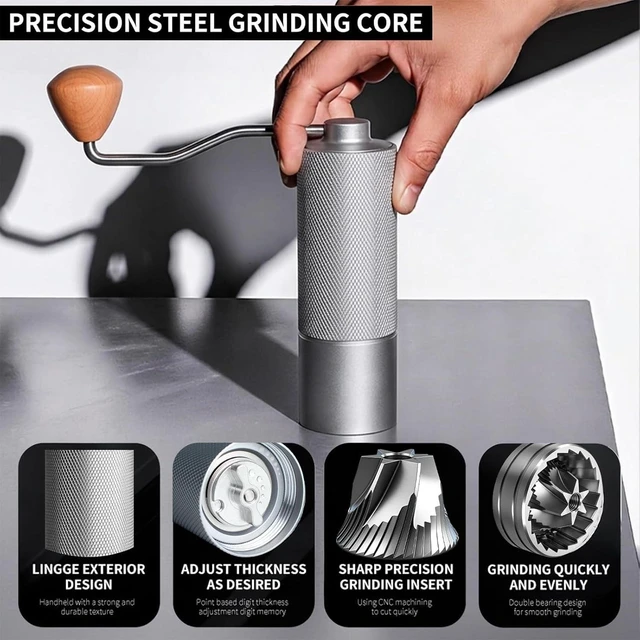 Alt view image 2 of 7 - Manual Coffee Grinder with Stainless Steel Burrs, Adjustable Settings for Espresso, Drip & French Press, White