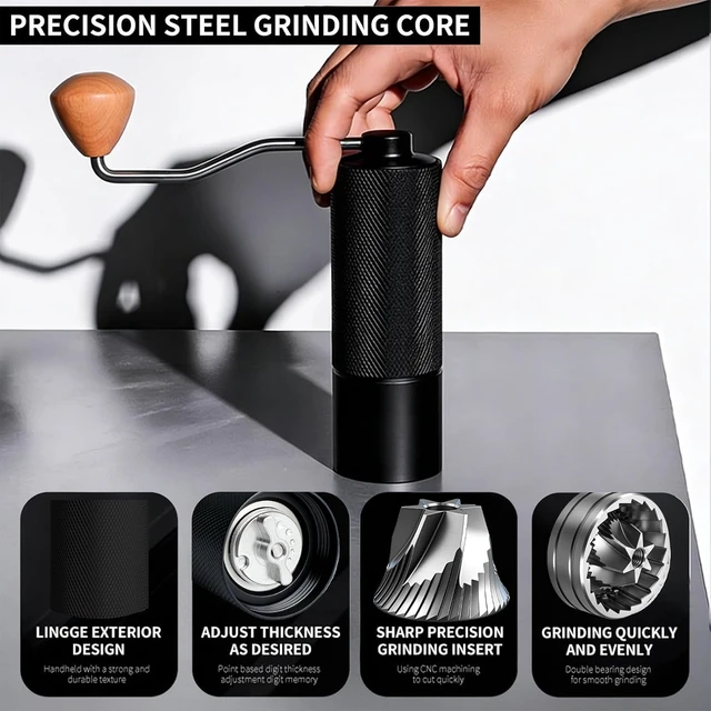 Alt view image 2 of 7 - Manual Coffee Grinder with Stainless Steel Burrs, Adjustable Settings for Espresso, Drip & French Press, Black