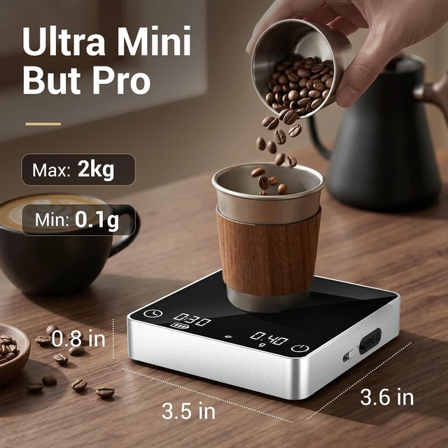 Alt view image 2 of 7 - Mini Coffee Scale with Timer, 0.1g/2kg Rechargeable, 4 Brewing Modes & Real-Time Ratio, Silver