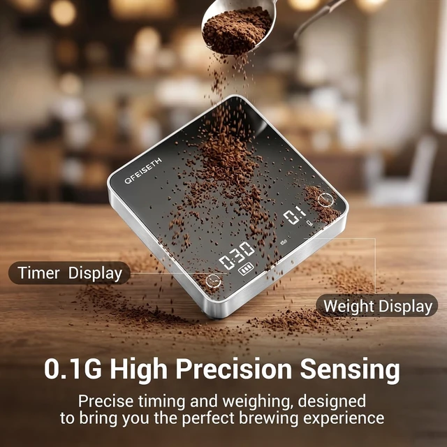 Alt view image 4 of 7 - Mini Coffee Scale with Timer, 0.1g/2kg Rechargeable, 4 Brewing Modes & Real-Time Ratio, Silver