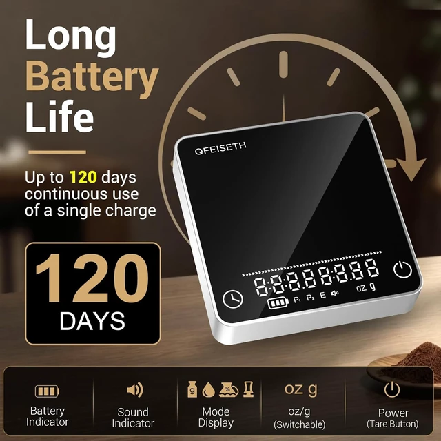 Alt view image 5 of 7 - Mini Coffee Scale with Timer, 0.1g/2kg Rechargeable, 4 Brewing Modes & Real-Time Ratio, Silver