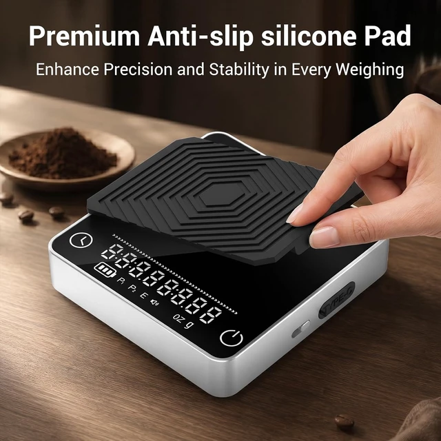 Alt view image 6 of 7 - Mini Coffee Scale with Timer, 0.1g/2kg Rechargeable, 4 Brewing Modes & Real-Time Ratio, Silver