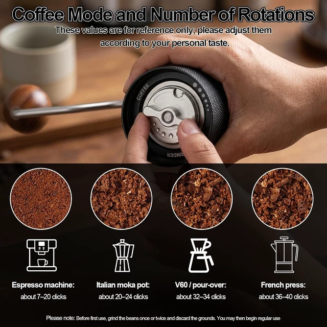 Alt view image 5 of 7 - Manual Coffee Grinder with Stainless Steel Burrs, Adjustable Settings for Espresso, Drip & French Press, Black