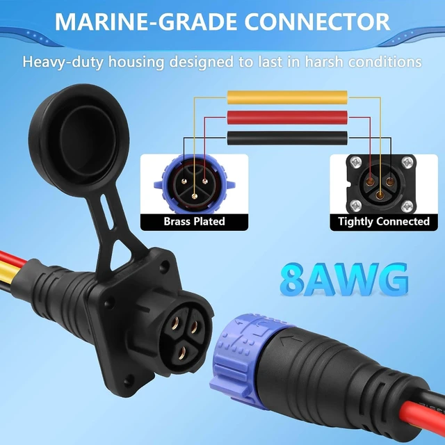 Alt view image 3 of 7 - 3-Pin 8AWG 50Amp Trolling Motor Plug Receptacle Set, Waterproof Quick Connect, 12V-48V