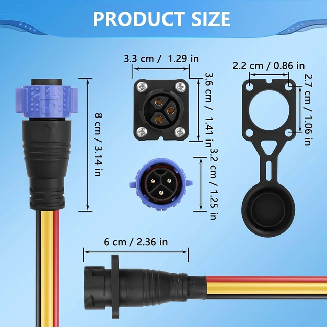Alt view image 5 of 7 - 3-Pin 8AWG 50Amp Trolling Motor Plug Receptacle Set, Waterproof Quick Connect, 12V-48V