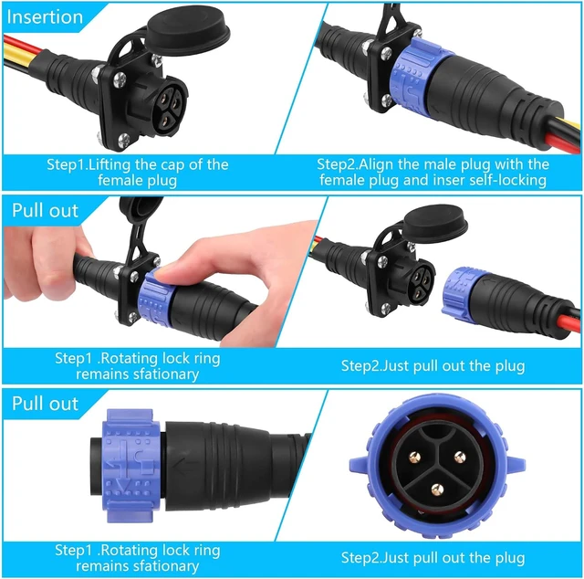 Alt view image 4 of 7 - 3-Pin 8AWG 50Amp Trolling Motor Plug Receptacle Set, Waterproof Quick Connect, 12V-48V